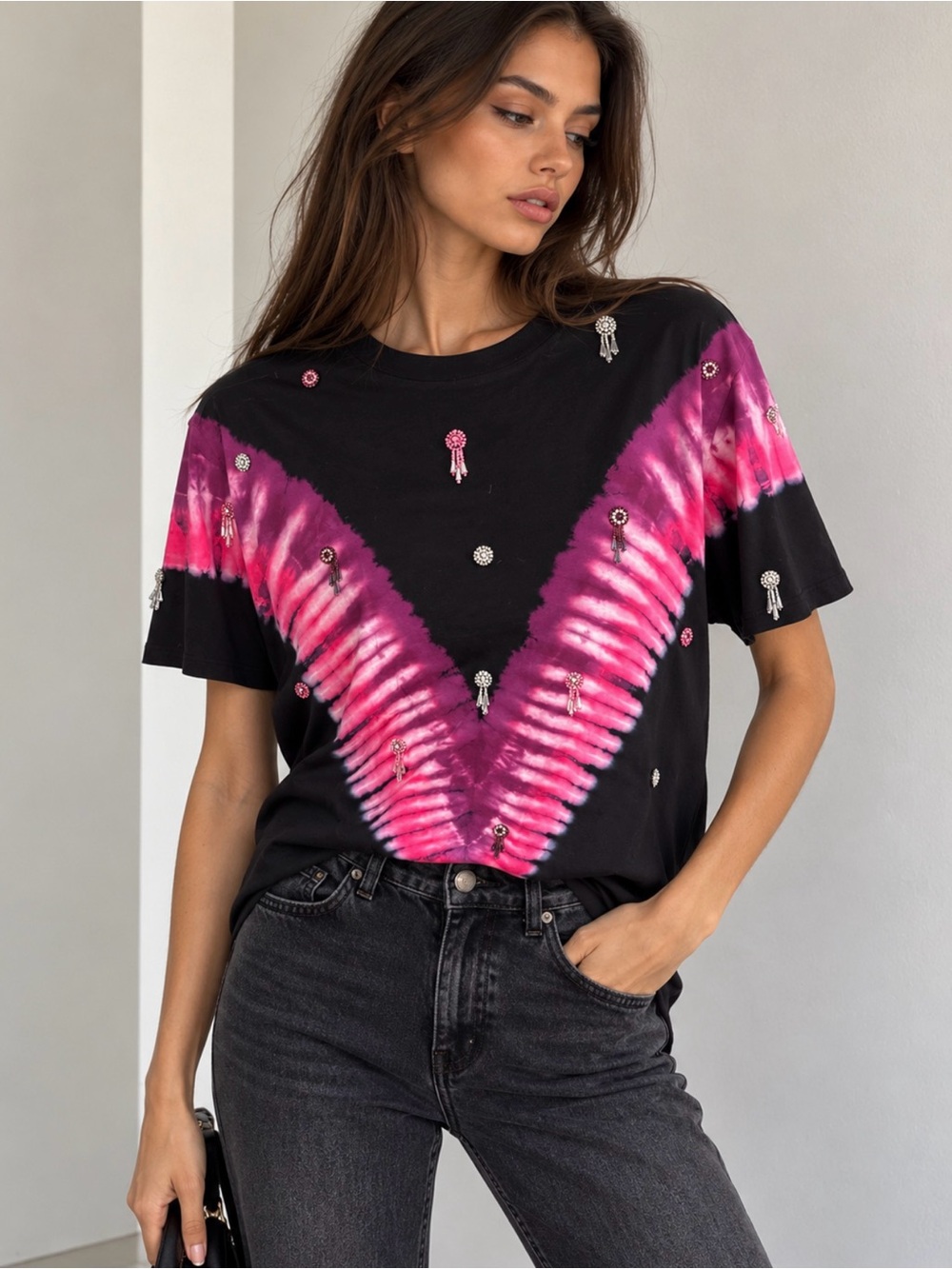 Sandro Black Tee with Pink and Magenta V-Tie Dye size 0 (XS)